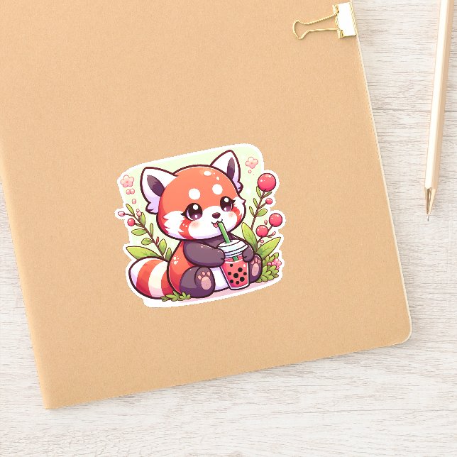 Red Panda Sipping Bubble Tea Sticker (Notebook)