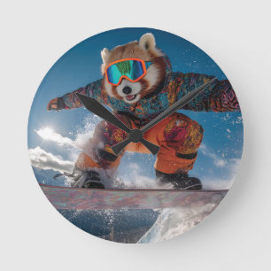 Red Panda Snowboarding in a Colorful Snowsuit Round Clock