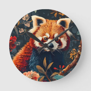 Red Panda Vintage Forest  Pattern Floral Garden Round Clock