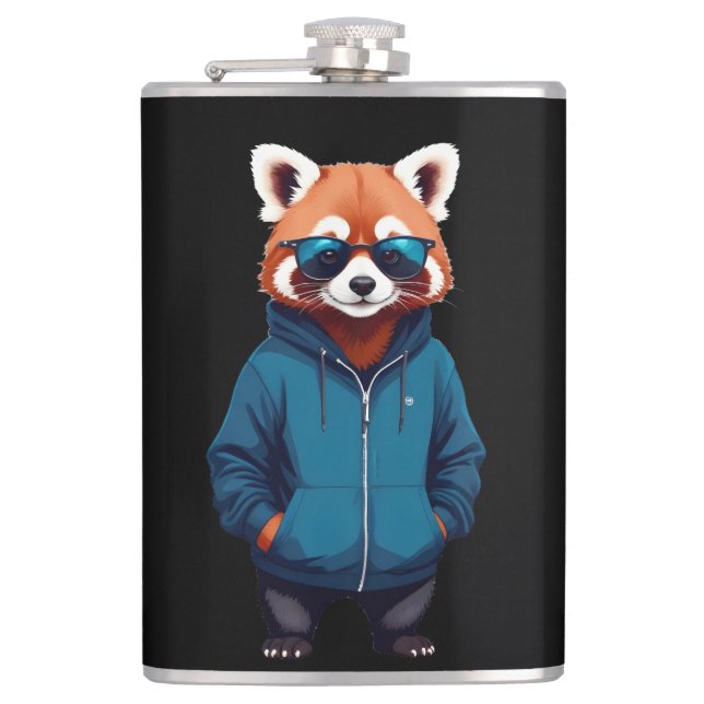 Red Panda Wearing Hoodie Funny Cool Animal Music Hip Flask (Front)