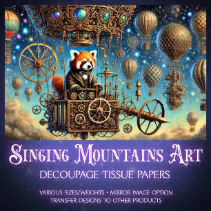 Red Panda Whimsical Steampunk Adventure Decoupage  Tissue Paper
