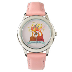 Red Panda with Flower Crown Pink Watch