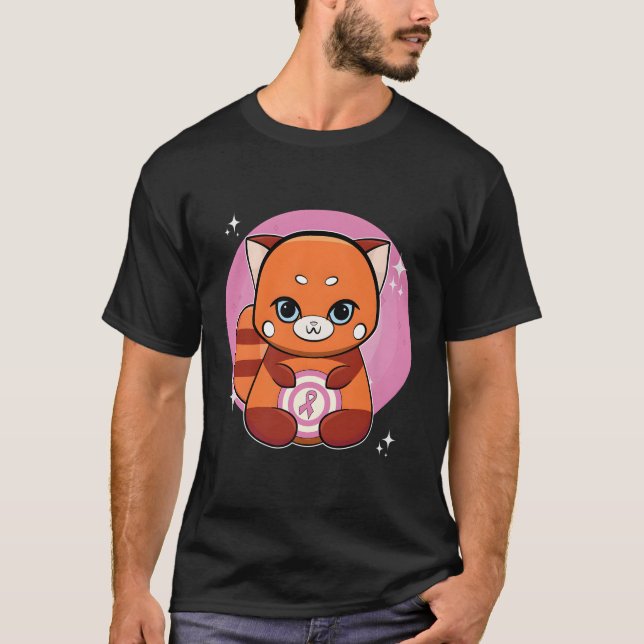 Red Panda With Ribbon Breast Cancer Awareness T-Shirt (Front)
