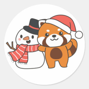 Red Panda With Snowman In Winter For Christmas Cla Classic Round Sticker