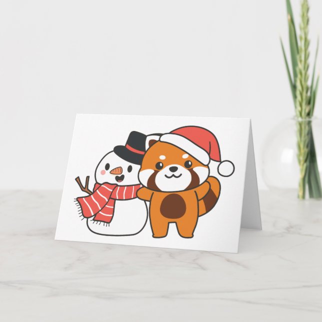 Red Panda With Snowman In Winter For Christmas Hol Holiday Card (Front)