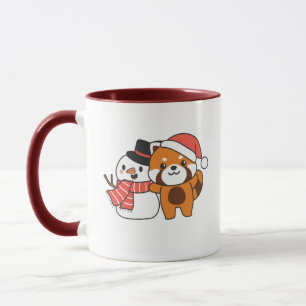 Red Panda With Snowman In Winter For Christmas Mug