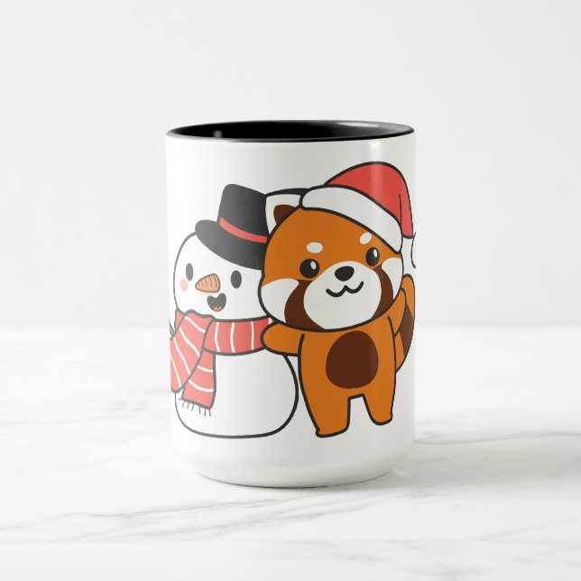 Red Panda With Snowman In Winter For Christmas Mug (Center)