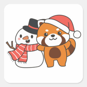 Red Panda With Snowman In Winter For Christmas Squ Square Sticker