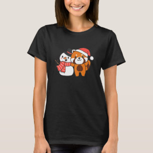 Red Panda With Snowman In Winter For Christmas T-Shirt