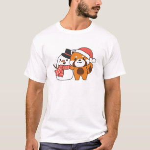 Red Panda With Snowman In Winter For Christmas T-Shirt