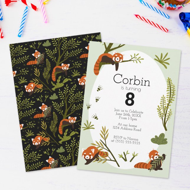 Red Pandas in the Forest Black Birthday Invitation (Creator Uploaded)