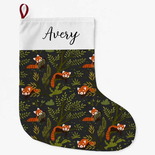 Red Pandas in the Forest Black Personalized Large Christmas Stocking (Front)