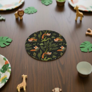 Red Pandas in the Forest Black Round Paper Coaster