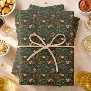 Red Pandas in the Forest Black Wrapping Paper Sheet