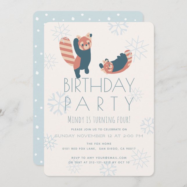 Red Pandas Snowflake Birthday Party Invitation (Front/Back)