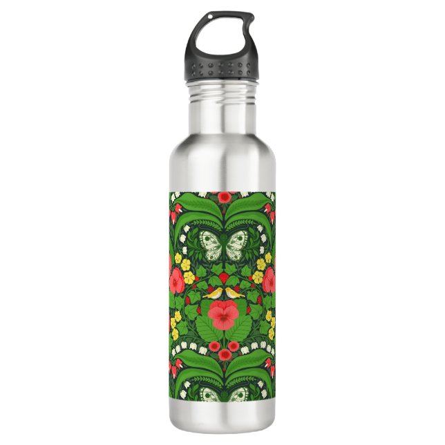 Red pansies, birds and butterflies 710 ml water bottle (Front)