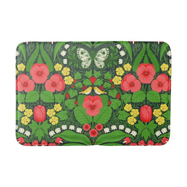 Red pansies, birds and butterflies bath mat (Front)