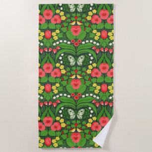 Red pansies, birds and butterflies beach towel