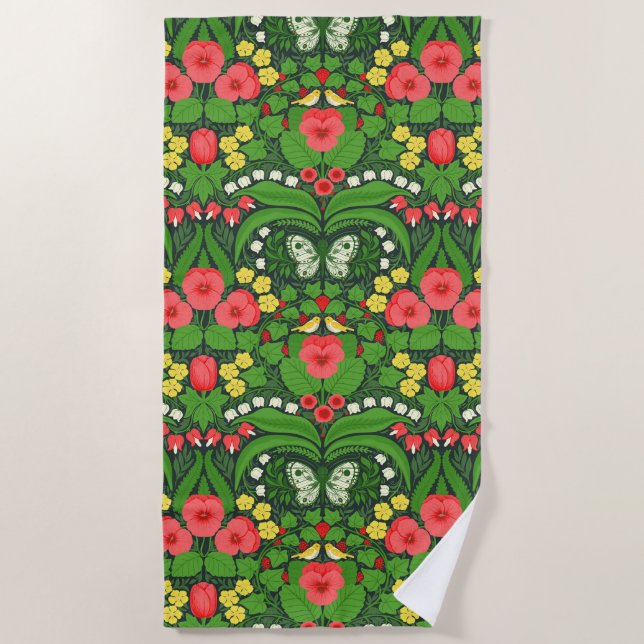 Red pansies, birds and butterflies beach towel (Front)