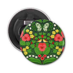 Red pansies, birds and butterflies bottle opener