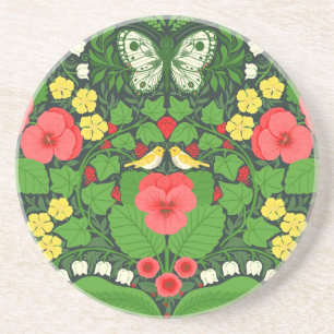 Red pansies, birds and butterflies coaster