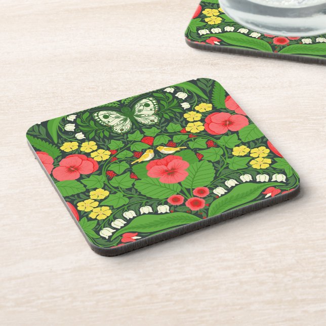 Red pansies, birds and butterflies coaster (Left Side)