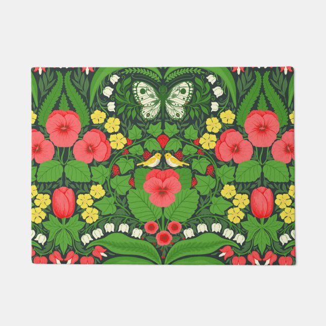 Red pansies, birds and butterflies doormat (Front)