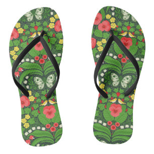 Red pansies, birds and butterflies flip flops