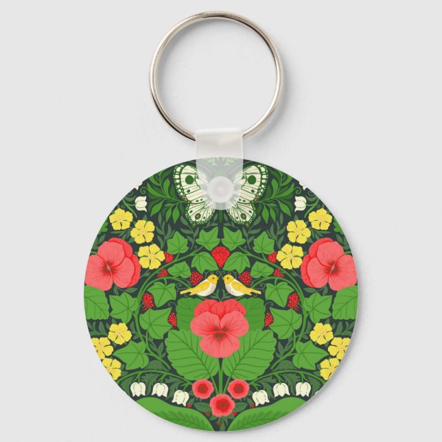 Red pansies, birds and butterflies key ring (Front)