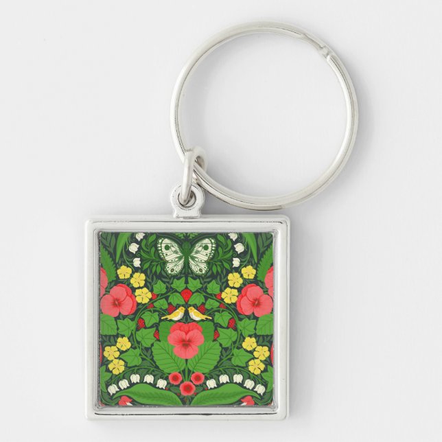 Red pansies, birds and butterflies key ring (Front)