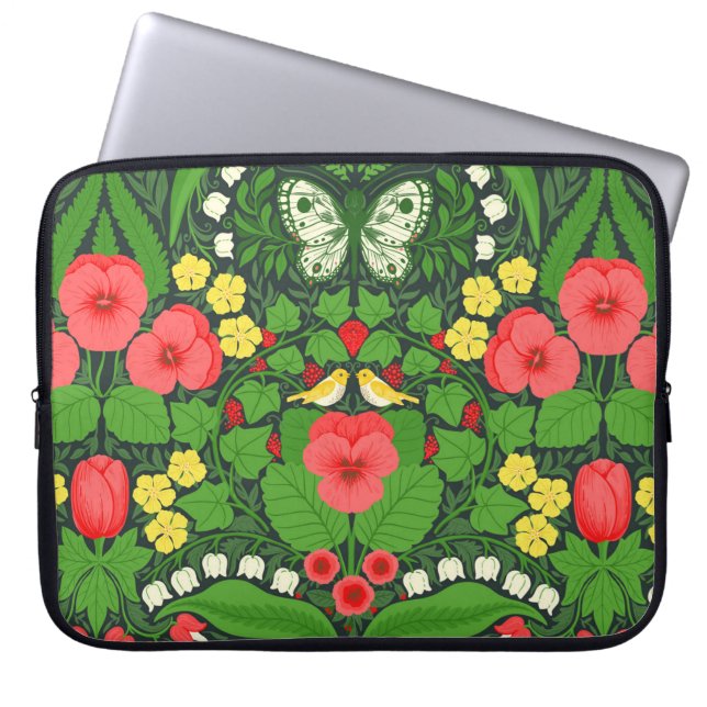 Red pansies, birds and butterflies laptop sleeve (Front)