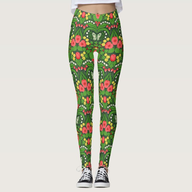 Red pansies, birds and butterflies leggings (Front)