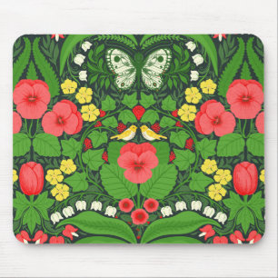 Red pansies, birds and butterflies mouse mat