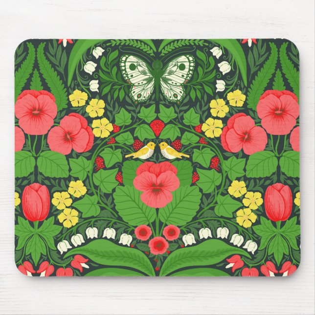 Red pansies, birds and butterflies mouse mat (Front)