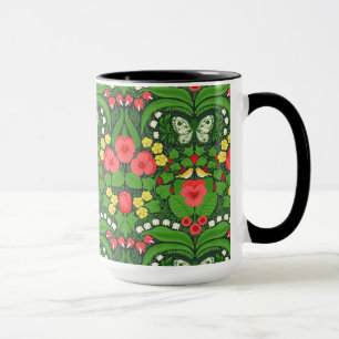 Red pansies, birds and butterflies mug