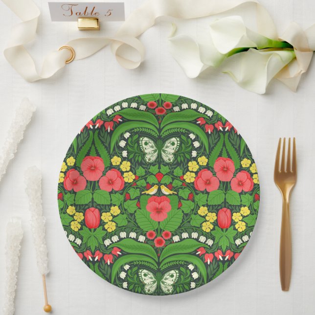 Red pansies, birds and butterflies paper plate (Wedding)