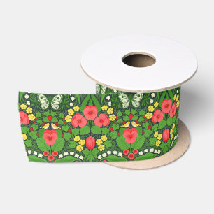 Red pansies, birds and butterflies satin ribbon