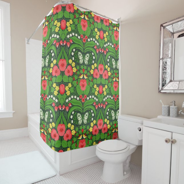 Red pansies, birds and butterflies shower curtain (In Situ)