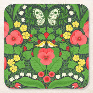 Red pansies, birds and butterflies square paper coaster