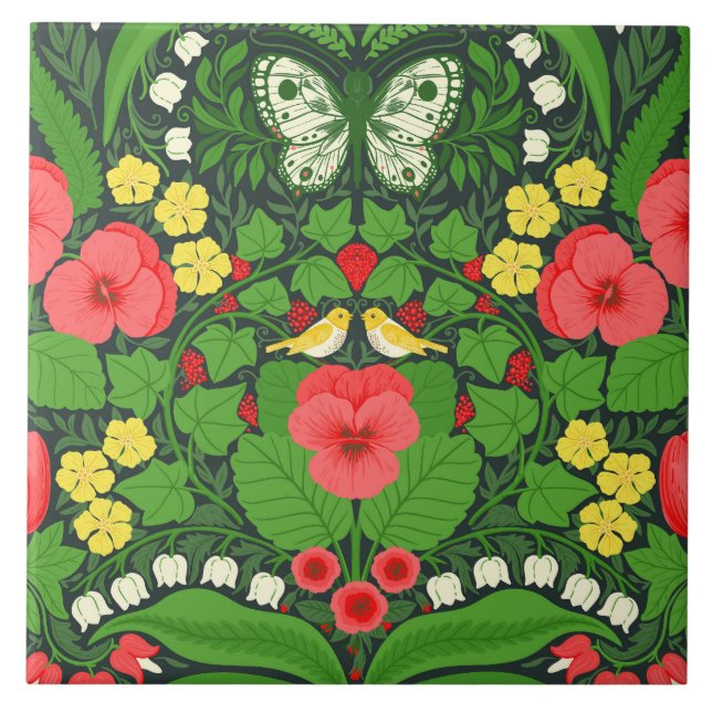 Red pansies, birds and butterflies tile (Front)