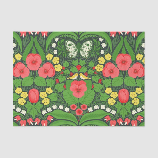 Red pansies, birds and butterflies tissue paper (Front)