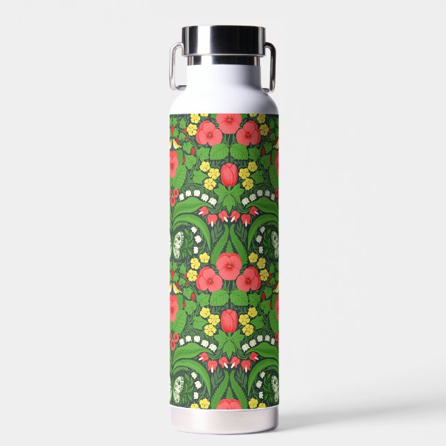 Red pansies, birds and butterflies water bottle (Front)