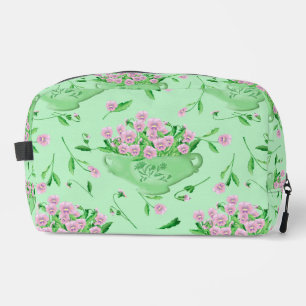 Red pansies green bowl and background dopp kit