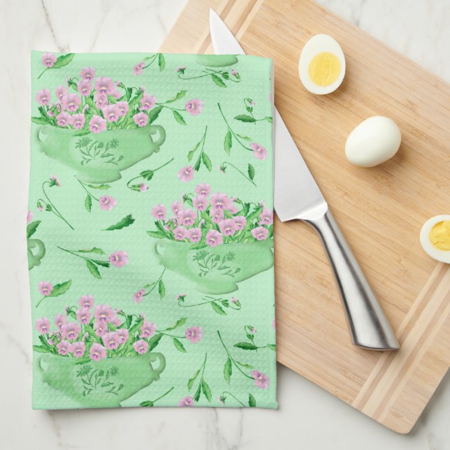 Red pansies green bowl and background tea towel (Quarter Fold)