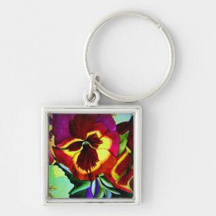 Red pansies watercolor flower original art key ring
