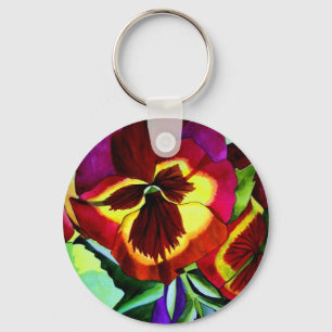Red pansies watercolor flower original art key ring
