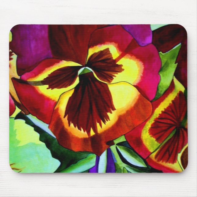 Red pansies watercolor flower original art mouse mat (Front)