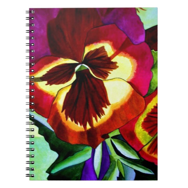 Red pansies watercolor flower original art notebook (Front)