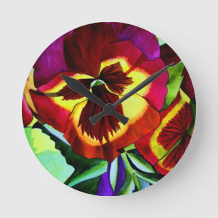 Red pansies watercolor flower original art round clock