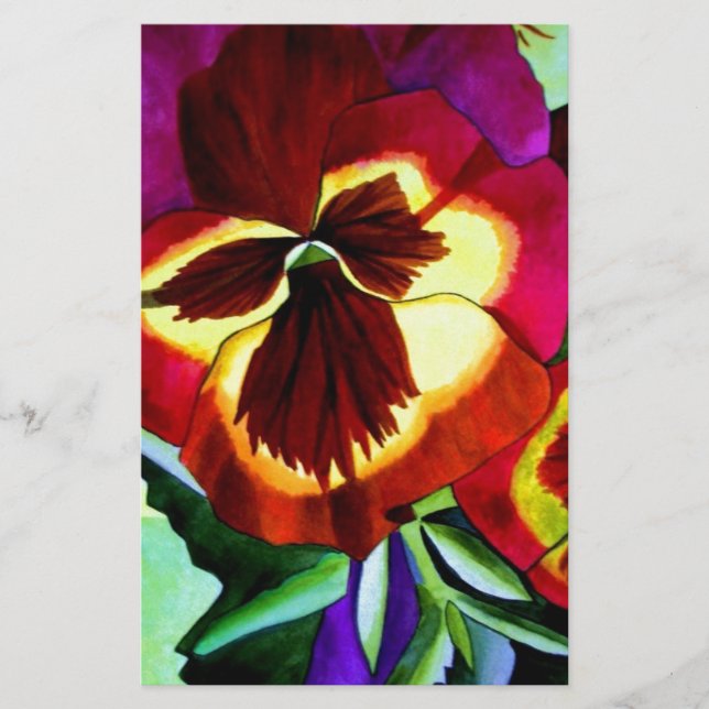 Red pansies watercolor flower original art stationery (Front)
